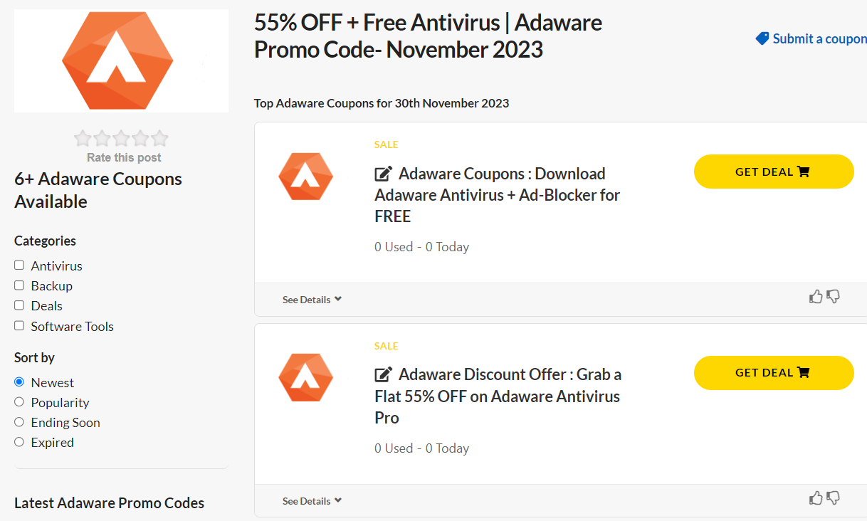 Adaware Promo Codes lists